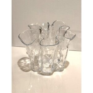 1970s Muurla "Eva" Scandinavian Clear Ice Handkerchief Ruffled Art Glass Vase
